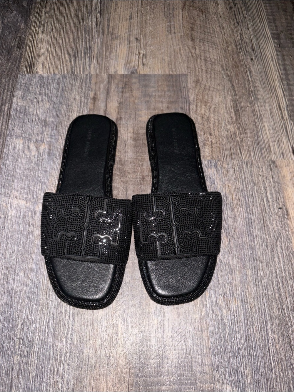 Tory Burch Black Crystal Logo Slide Sandals